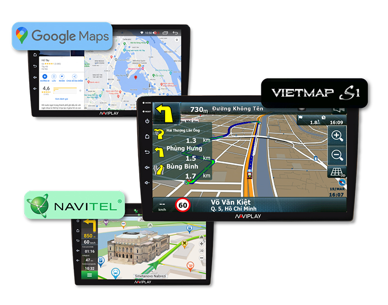 Màn hình giải trí ô tô NAVIPLAY N360 hỗ trợ tìm đường nhanh chóng, chính xác với 3 phần mềm dẫn đường tiên tiến nhất hiện nay